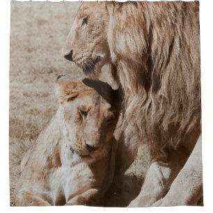 TWO BROWN LION ON GREEN FIELD SHOWER CURTAIN