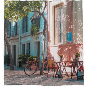 Two brown table outside shower curtain