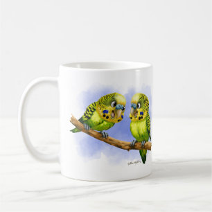 Two Budgies on a Branch Cartoon Coffee Mug