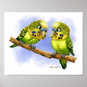 Two Budgies on a Branch Cartoon Poster