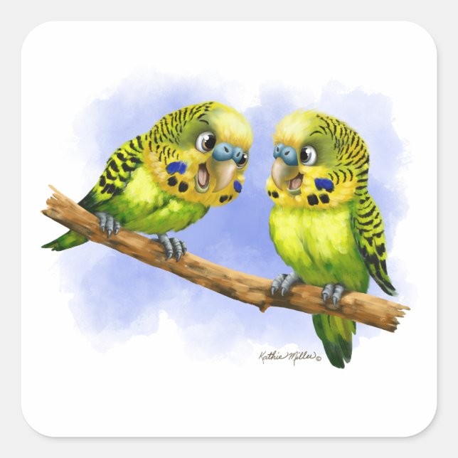 	Two Budgies on a Branch Cartoon Square Sticker (Front)