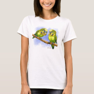 Two Budgies on a Branch Cartoon T-Shirt