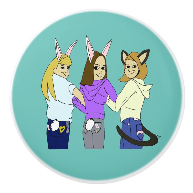 Two bunnies and a kitty ceramic knob (Front)