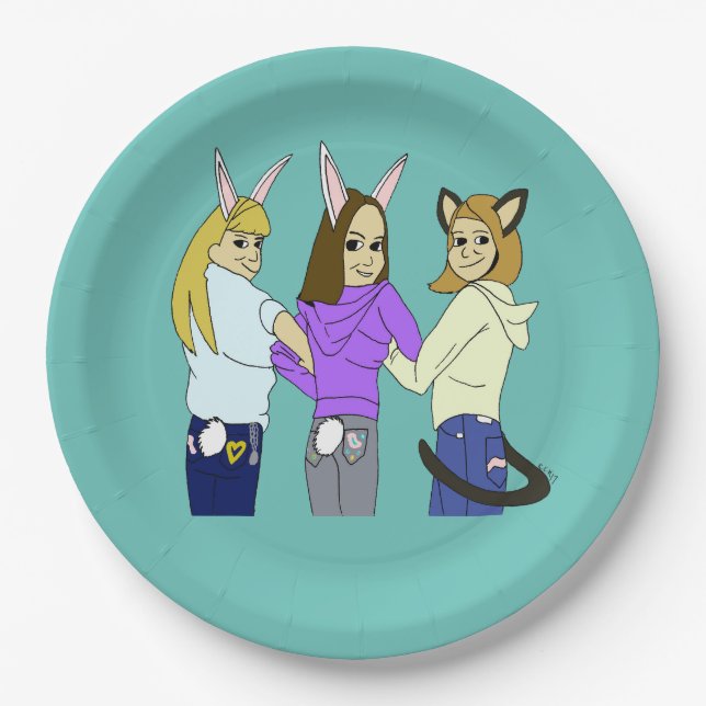Two bunnies and a kitty paper plate (Front)
