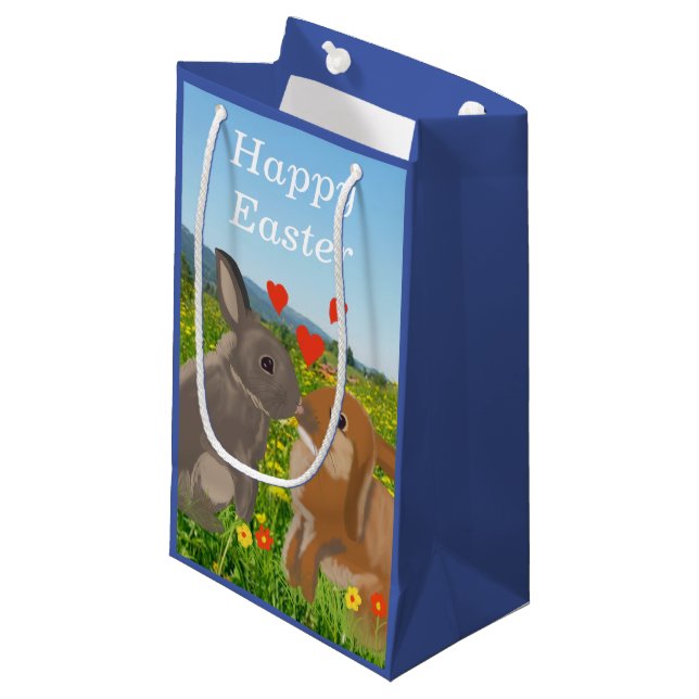 Two Bunnies Kissing in a Flower Meadow Easter Small Gift Bag (Front Angled)