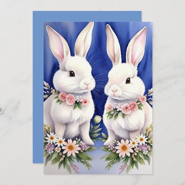 Two Bunny Rabbits and Flowers  Holiday Card (Front/Back)