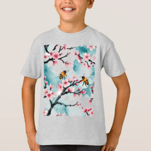 Two Busy Bees And Pink Cherry Blossom Branches T-Shirt