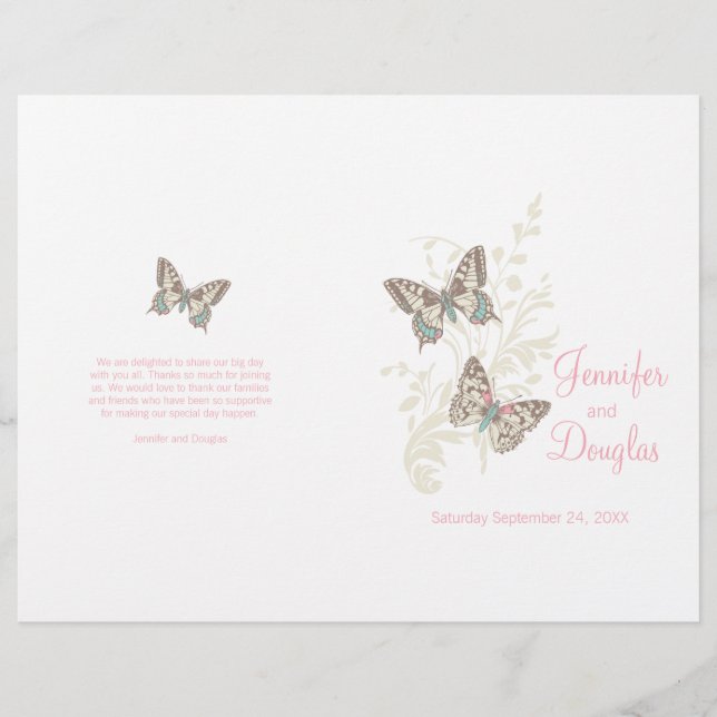 Two butterflies pink graphic Wedding Programme (Front)