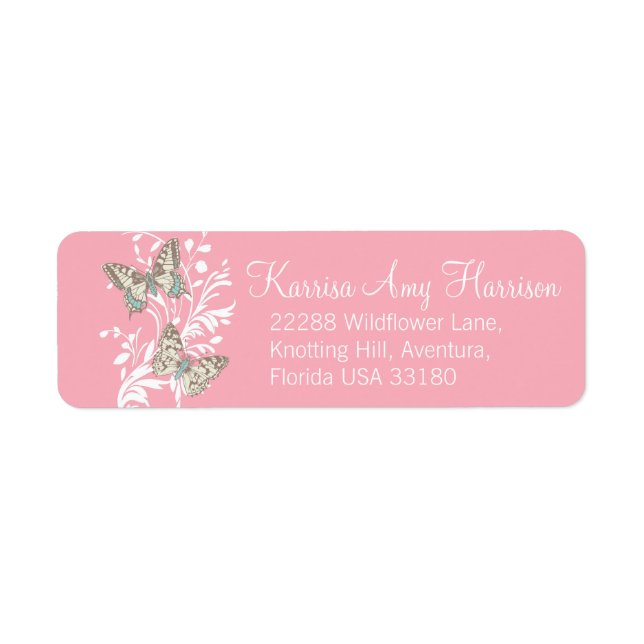 Two butterflies pink wedding slim reply labels (Front)