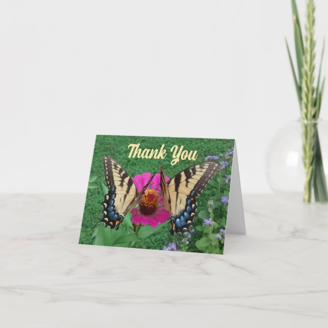 Two Butterflies Sharing Pink Zinnia Thank You Card (Front)