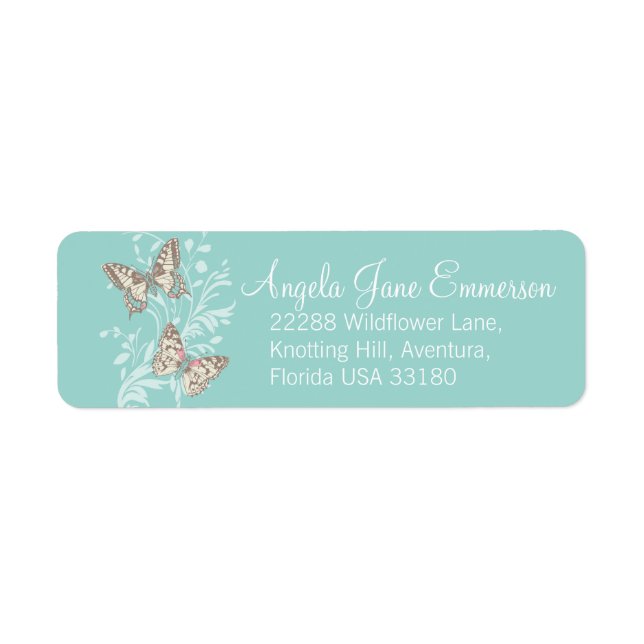 Two butterflies teal aqua wedding slim reply label (Front)
