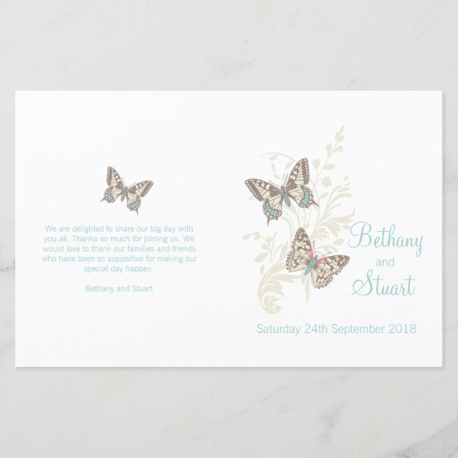 Two butterflies teal graphic Wedding Programme (Front)