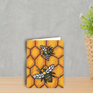 Two Buzzing Black Yellow Bumble Bees on Honeycomb Card