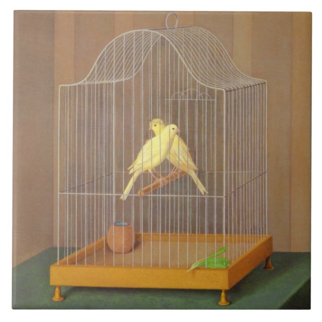Two Canary Birds in a Cage (by Antonio Donghi) Tile (Front)