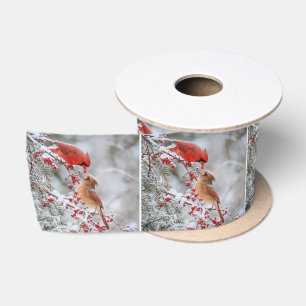 Two Cardinals and Berries in Winter Satin Ribbon