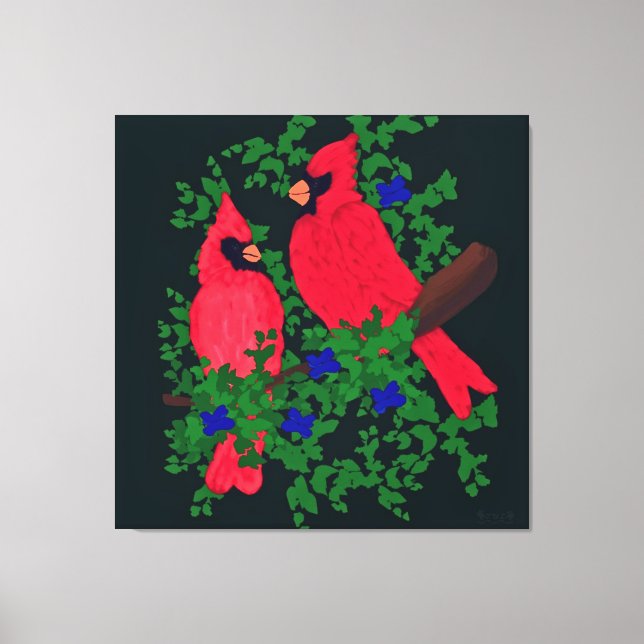Two Cardinals Perched on Branch Canvas Print (Front)