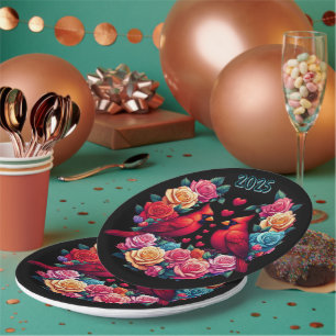 Two Cardinals with Colorful Roses and Hearts Paper Plate
