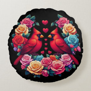 Two Cardinals with Colorful Roses and Hearts Round Cushion