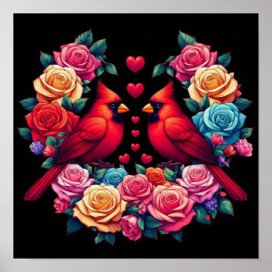 Two Cardinals with Colourful Roses and Hearts Poster