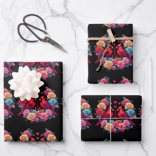 Two Cardinals with Colourful Roses and Hearts Wrapping Paper Sheet