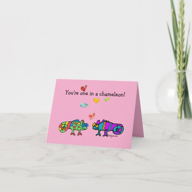 Two Cartoon Chameleon Pink Valentine Card (Front)