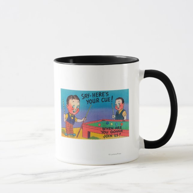 Two Cartoon Men Play Pool, Here's Your Cue Mug (Right)