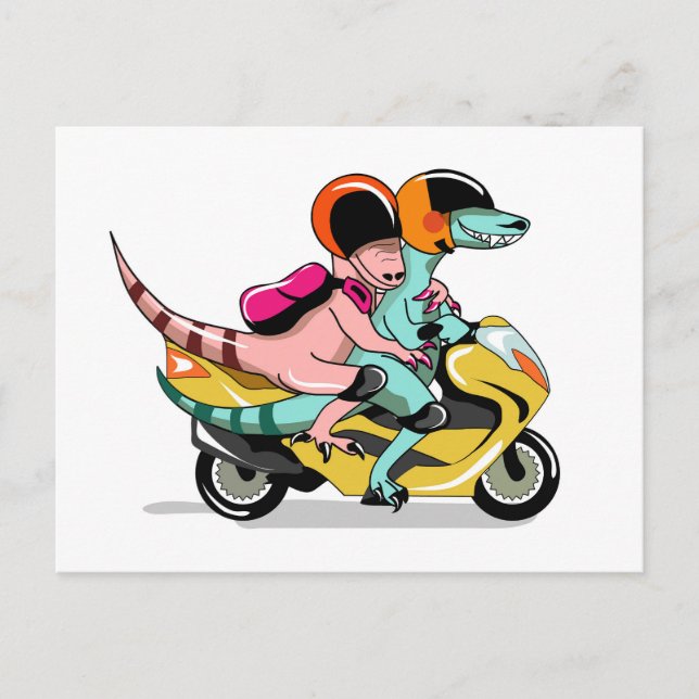 Two Cartoon Raptors Riding A Motor Scooter. Postcard (Front)