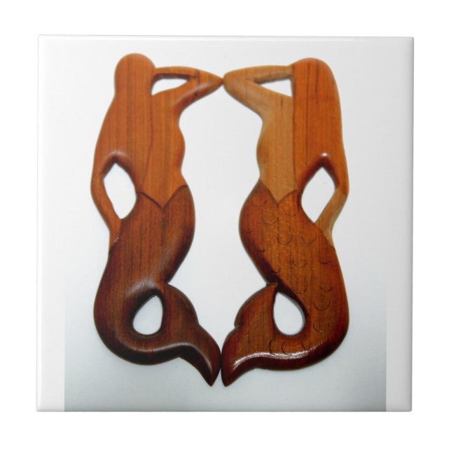two carved wood  mermaids tile (Front)