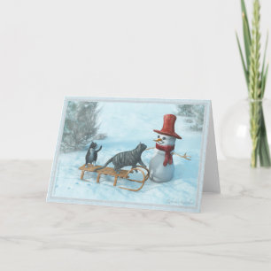 Two Cats and a Snowman Greeting Card