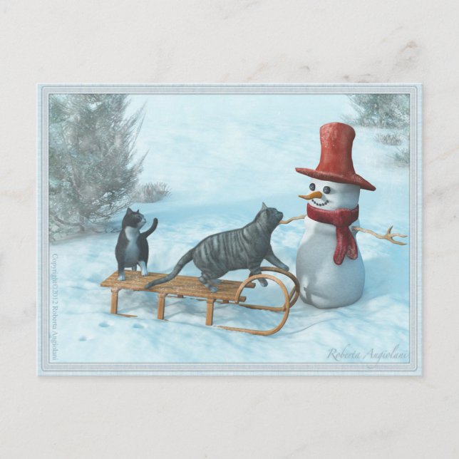 Two Cats and a Snowman Postcard (Front)