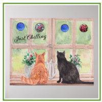 Two Cats at the Window Scenic Serene Flowers