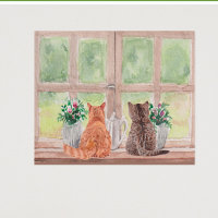 Two Cats at the Window Scenic Serene Flowers