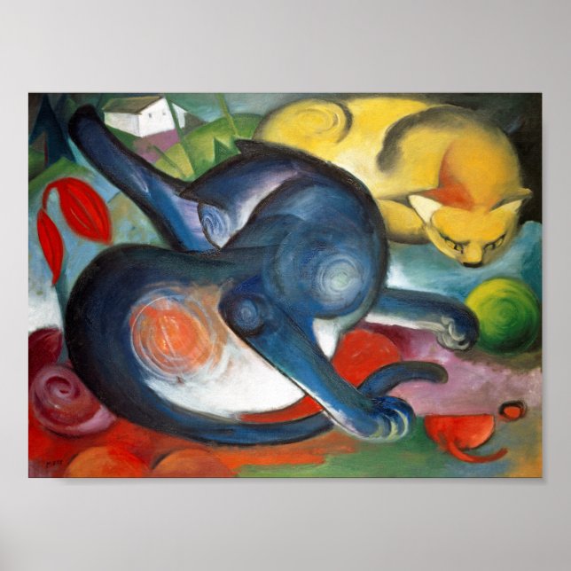 Two Cats, Blue and Yellow, Franz Marc Poster (Front)