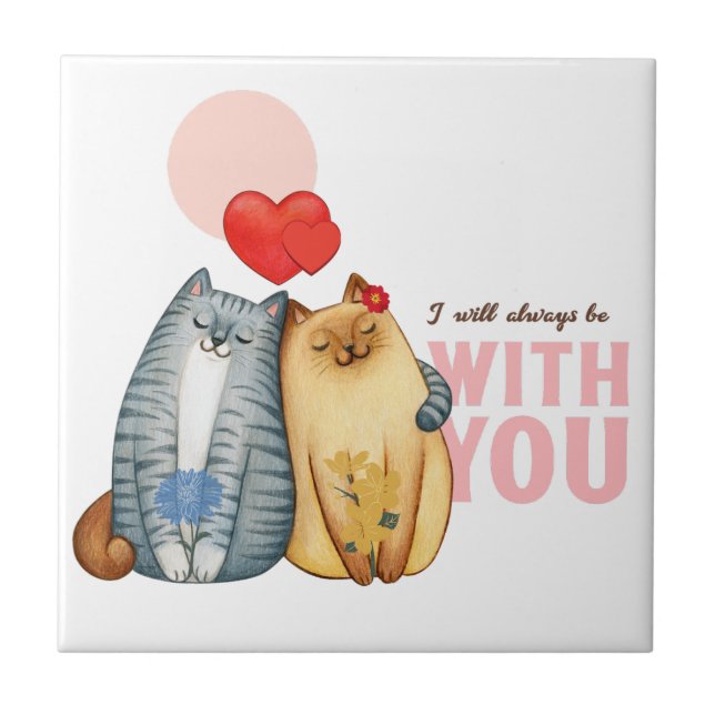 Two cats cuddling with heart shapes and romantic m tile (Front)