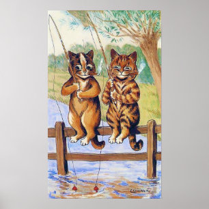 Two Cats Fishing, Louis Wain Poster
