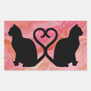 Two Cats Heart Tails on Pink Marble Rectangular Sticker