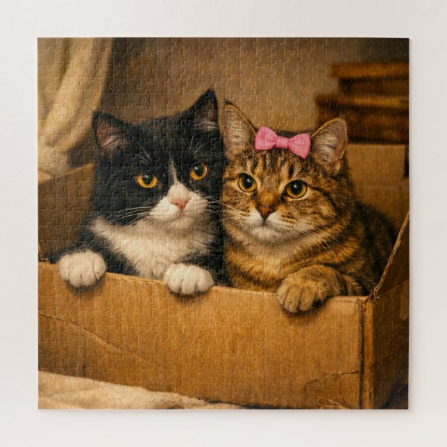 Two Cats in a Cardboard Box – Cosy Pet Puzzle (Vertical)