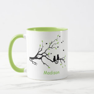 Two Cats In A Tree Black Green Love Personalised Mug