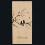 Two Cats In A Tree Black Green Love Personalised Wood USB Flash Drive<br><div class="desc">A gorgeous illustration of two cats sitting in a tree with their tails curling into a heart as birds fly past them. Text can be edited or deleted in the text box. The colour of the text along with the font can be changed in the edit menu.</div>