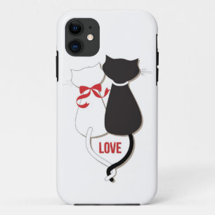Two Cats in Love, Red, Black, Hearts iPhone 11 Case