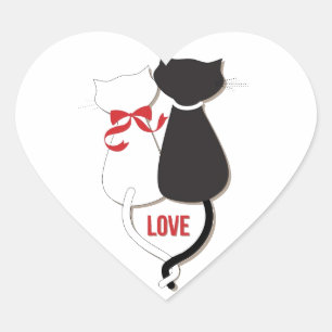 Two Cats in Love, Red, Black, Hearts Heart Sticker