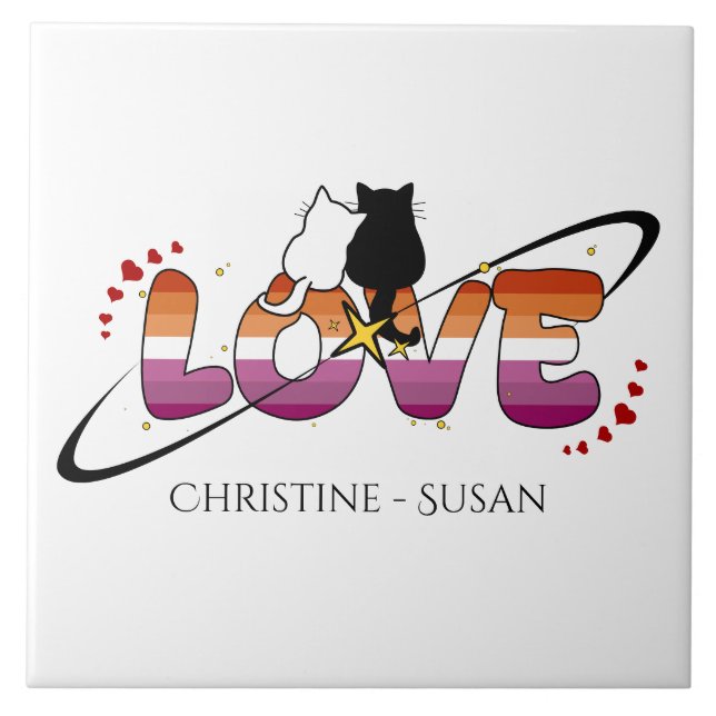 Two Cats In Love Sunset Lesbian Flag Ceramic Tile (Front)