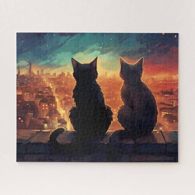 Two Cats on Rooftop Overlooking City at Night Jigsaw Puzzle (Horizontal)