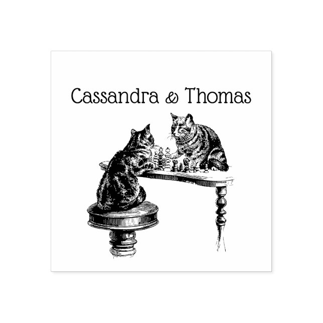 Two Cats playing Chess Match Board Games Rubber Stamp (Imprint)