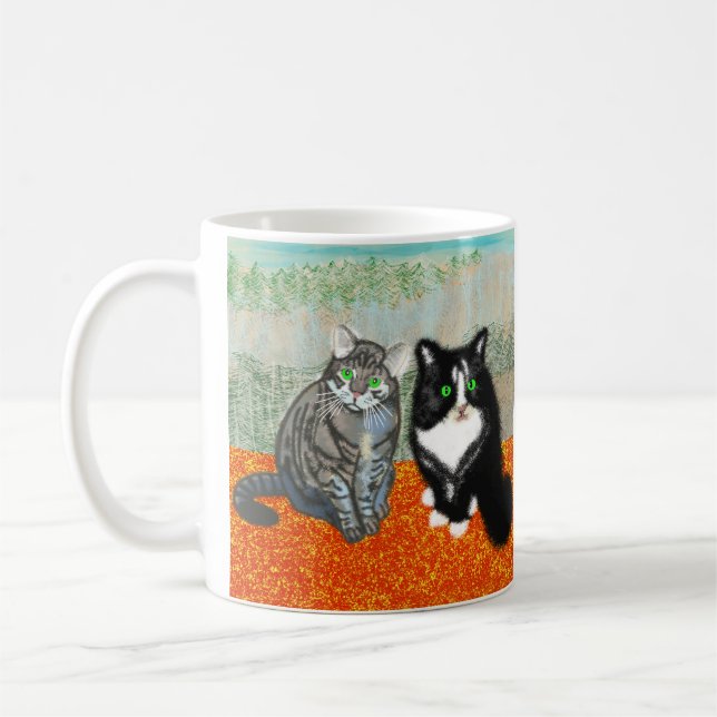 Two cats share your coffee break coffee mug (Left)