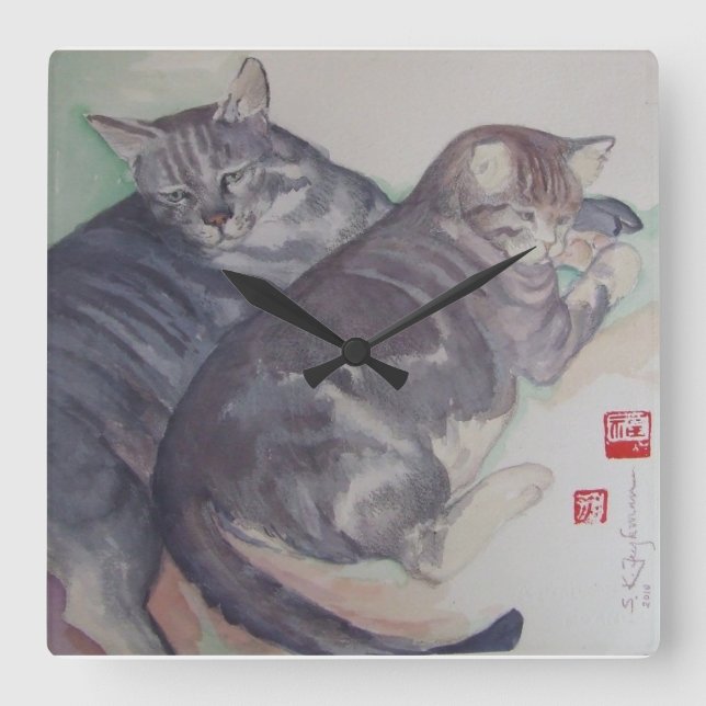 Two Cats Square Wall Clock (Front)