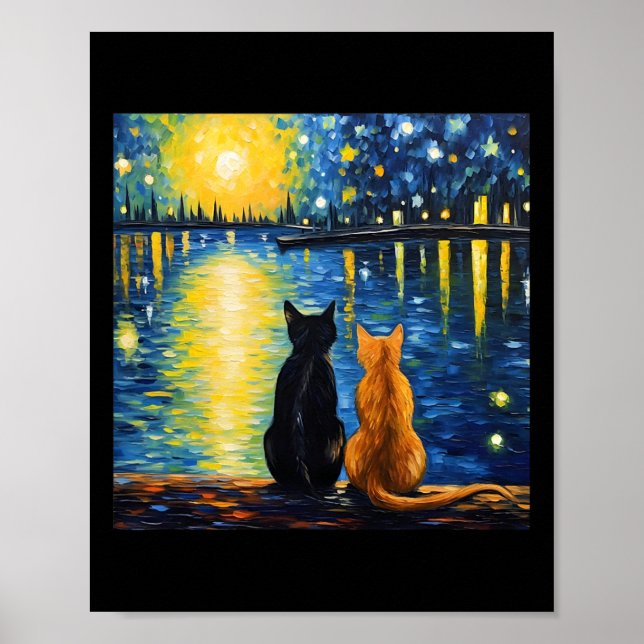 Two Cats Starry Night Lover Cat Art Painting Kitte Poster (Front)