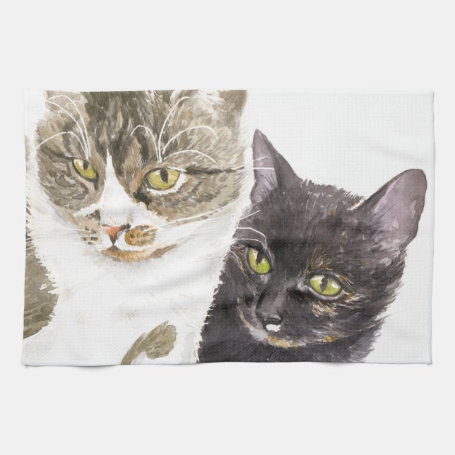 Two cats - tabby and tortie tea towel (Horizontal)