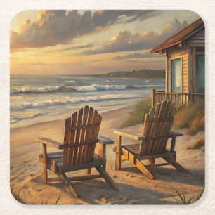 Two Chairs on a Beach Square Paper Coaster