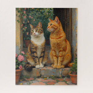 Two charming cats sitting on steps jigsaw puzzle